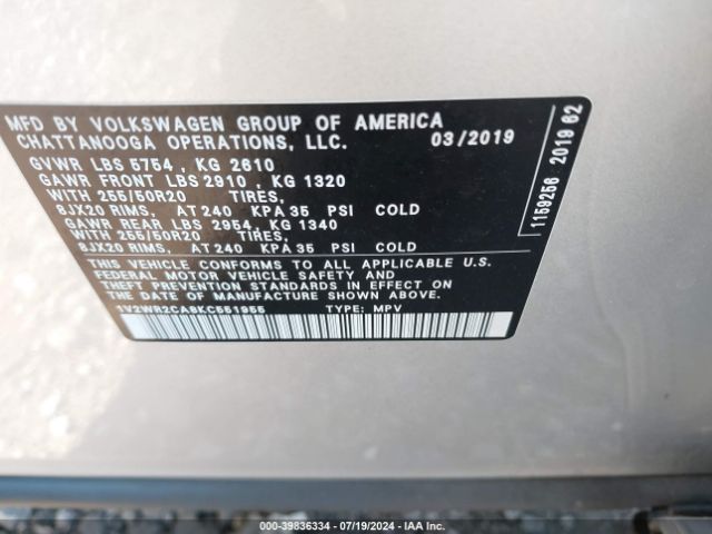 1V2WR2CA8KC551955 Volkswagen Atlas 3.6l V6 Se W/technology