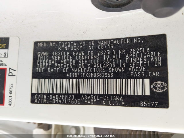 Toyota CAMRY SE 2017 4T1BF1FK9HU662956 Image 9