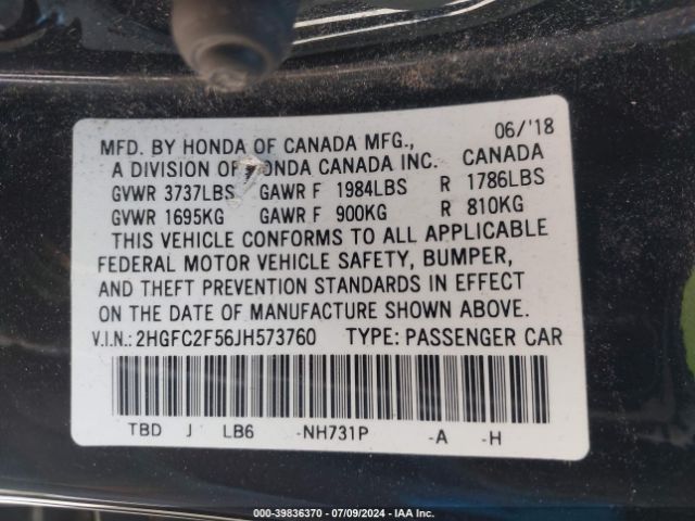 2HGFC2F56JH573760 Honda Civic Lx