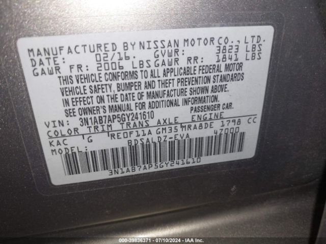 3N1AB7AP5GY241610 Nissan Sentra Fe+ S/s/sl/sr/sv