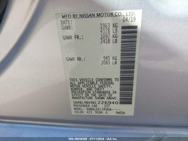 Nissan Altima 2.5 S 2019 1N4BL4BV4KC226940 Image 9