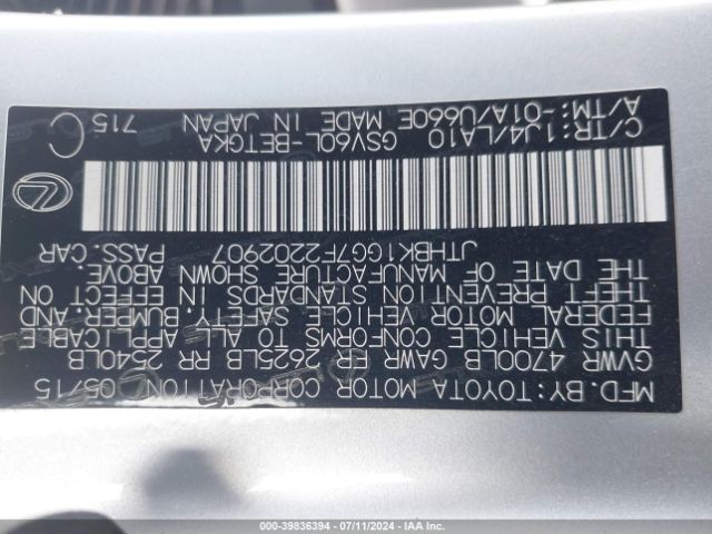 JTHBK1GG7F2202907 Lexus ES 350