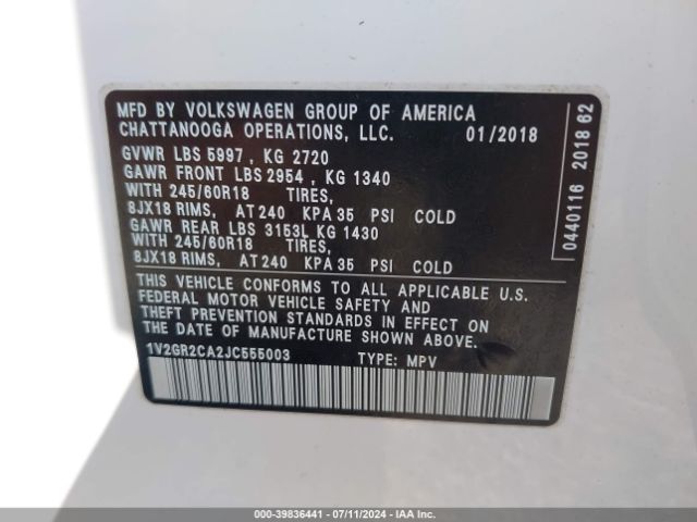 1V2GR2CA2JC555003 Volkswagen Atlas 3.6l V6 S