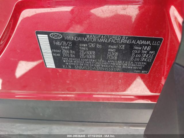 5NMS2DAJ7PH559119 Hyundai Santa Fe Sel