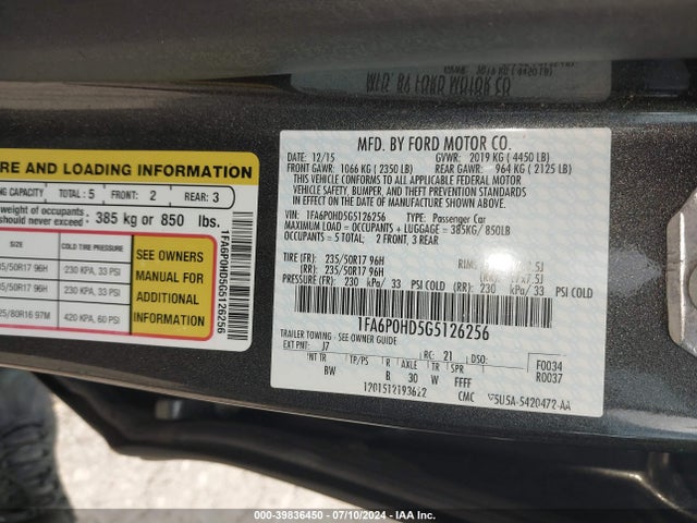 Ford FUSION SE 2016 1FA6P0HD5G5126256 Image 9
