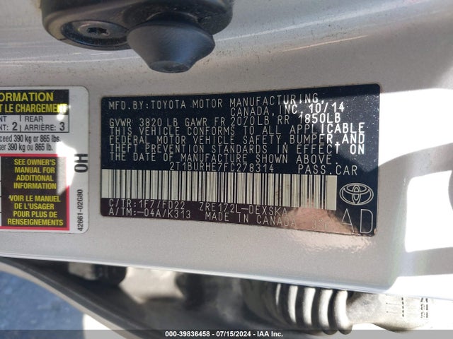 Toyota Corolla S Plus 2015 2T1BURHE7FC278314 Image 9