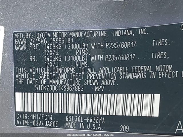 5TDKZ3DC1KS967883 Toyota Sienna Le 8 Passenger