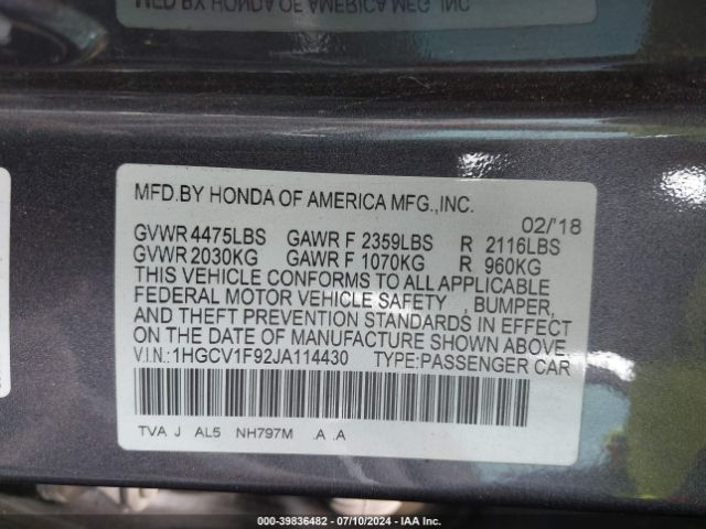 1HGCV1F92JA114430 Honda Accord Touring