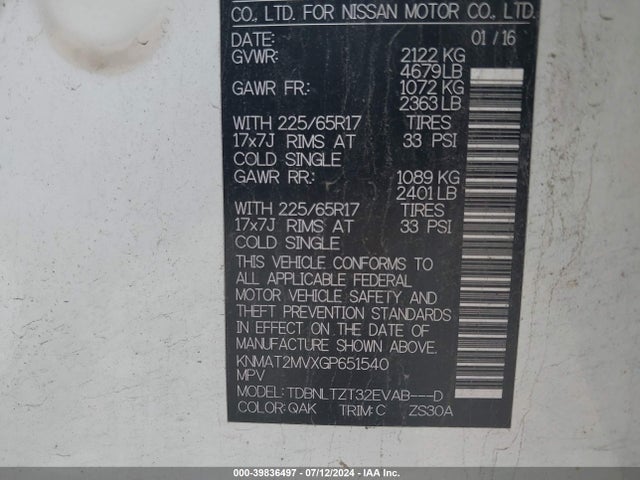 Nissan ROGUE SV 2016 KNMAT2MVXGP651540 Image 9