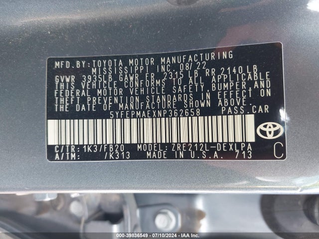 Toyota COROLLA LE 2022 5YFEPMAEXNP362658 Image 9