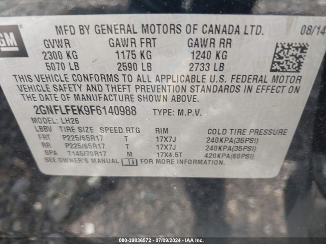 Chevrolet EQUINOX 1LT 2015 2GNFLFEK9F6140988 Image 9