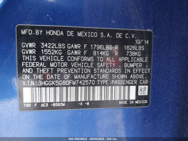 3HGGK5G80FM742570 Honda FIT EX
