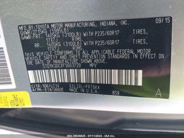 5TDYK3DCXFS663729 Toyota Sienna Xle 8 Passenger