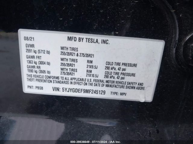 5YJYGDEF9MF245129 Tesla Model Y Performance Dual Motor All-wheel Drive