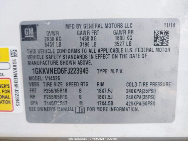 1GKKVNED6FJ223945 GMC Acadia Sle-1