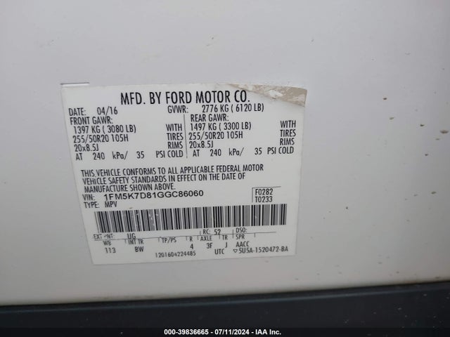 Ford EXPLORER XLT 2016 1FM5K7D81GGC86060 Image 9