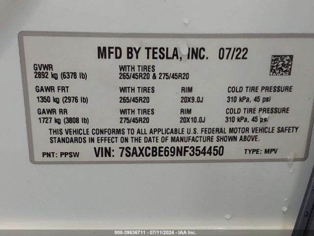 7SAXCBE69NF354450 Tesla Model X Plaid Tri Motor All-wheel Drive