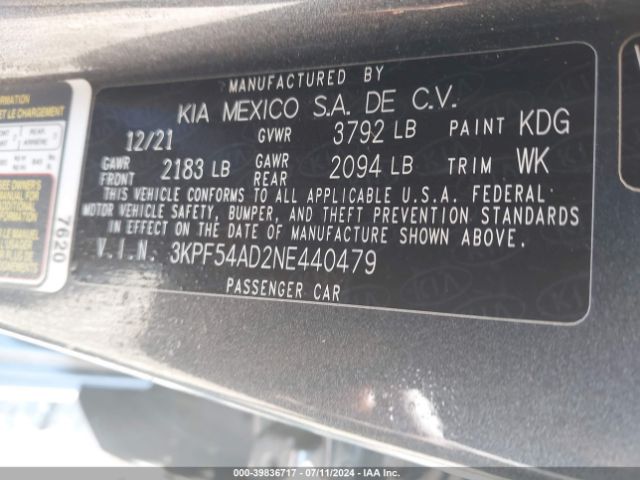 3KPF54AD2NE440479 KIA Forte Gt-line