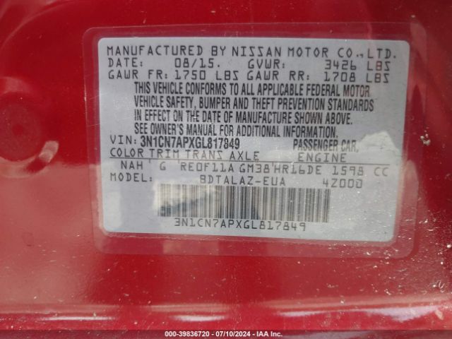 3N1CN7APXGL817849 Nissan Versa 1.6 S+