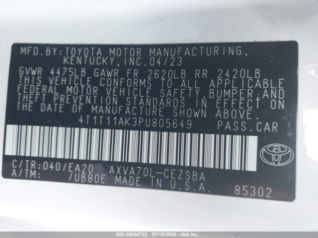 4T1T11AK3PU805649 Toyota CAMRY SE