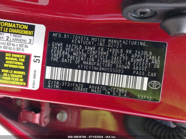 Toyota CAMRY LE 2021 4T1C11AK8MU555093 Image 9