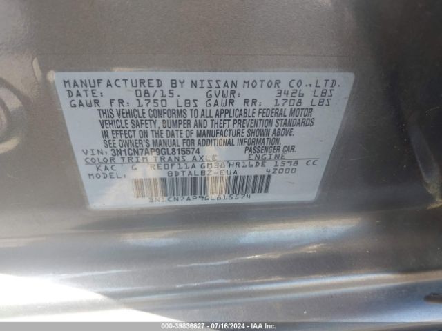 3N1CN7AP9GL815574 Nissan Versa 1.6 S/1.6 S+/1.6 Sl/1.6 Sv