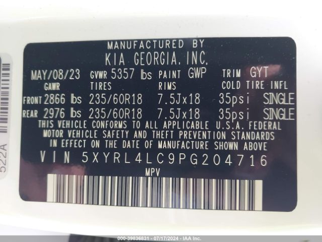 5XYRL4LC9PG204716 KIA SORENTO S