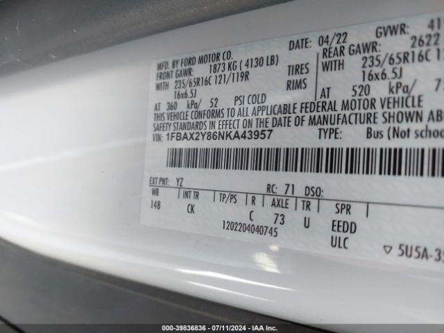 1FBAX2Y86NKA43957 Ford Transit-350 Passenger Van Xlt