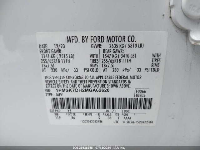 Ford EXPLORER XLT 2021 1FMSK7DH2MGA62620 Image 9