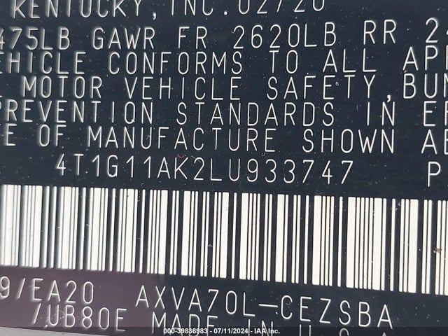 Toyota CAMRY SE 2020 4T1G11AK2LU933747 Image 9