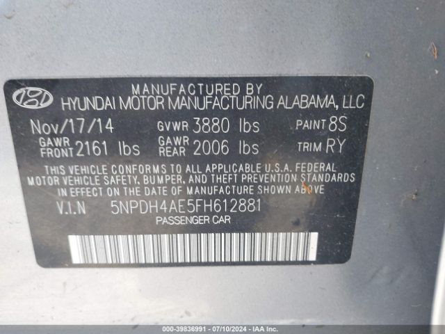 5NPDH4AE5FH612881 Hyundai ELANTRA SE