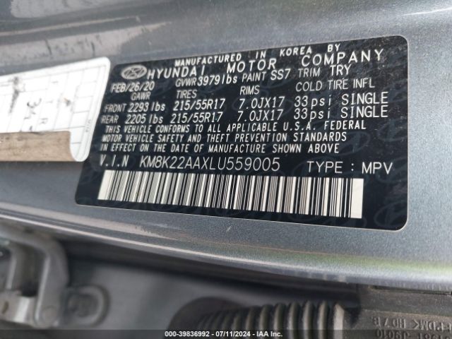 KM8K22AAXLU559005 Hyundai Kona Sel