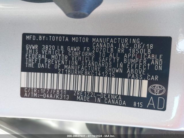 2T1BURHE8KC141215 Toyota COROLLA LE