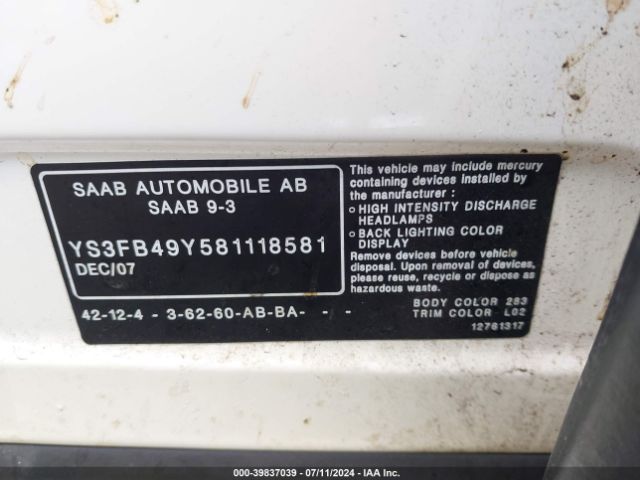 2008 SAAB 9-3 YS3FB49Y581118581 Photo 8