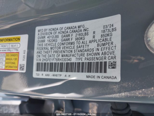 2HGFE1F76RH330340 Honda CIVIC EX