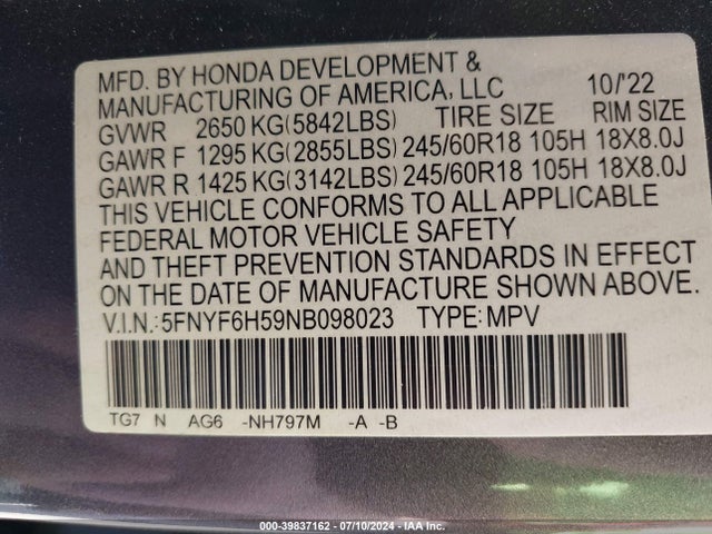 Honda Pilot Awd Ex-l 2022 5FNYF6H59NB098023 Image 9
