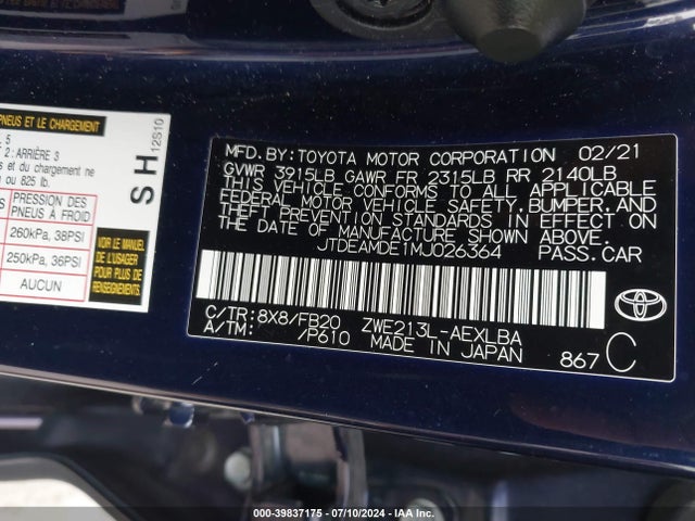 Toyota Corolla Hybrid Le 2021 JTDEAMDE1MJ026364 Image 9
