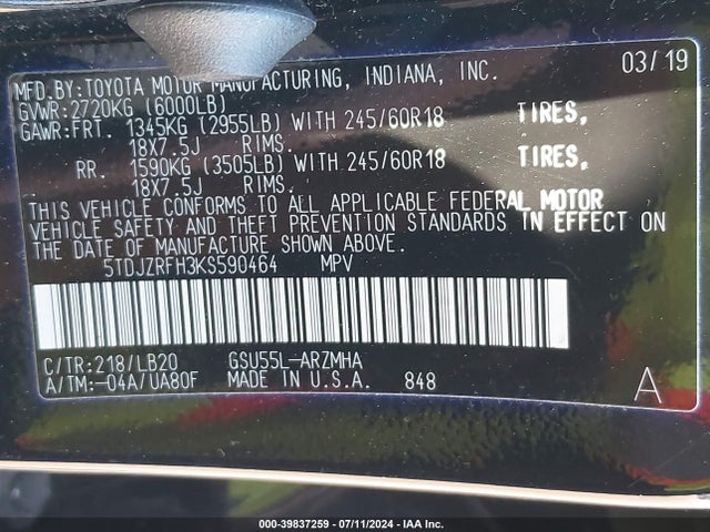 Toyota Highlander Xle 2019 5TDJZRFH3KS590464 Image 9