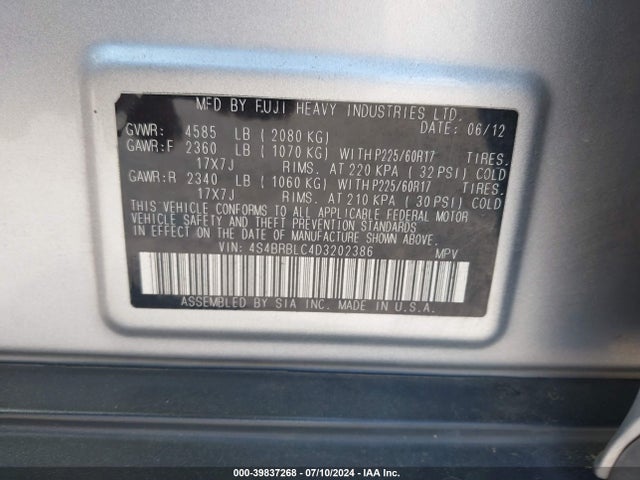 Aukcja sprzedaży 2013 Subaru Outback 2.5i Limited, vin: 4S4BRBLC4D3202386, numer aukcji: 39837268