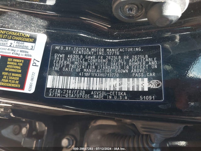 Toyota CAMRY SE 2017 4T1BF1FKXHU713770 Image 9