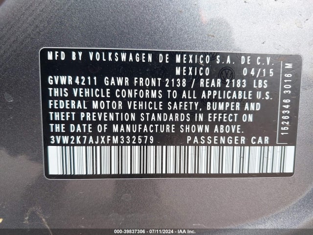 Volkswagen Jetta 2.0l S 2015 3VW2K7AJXFM332579 Image 9