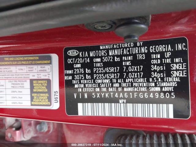 KIA SORENTO LX 2015 5XYKT4A61FG649805 Image 9