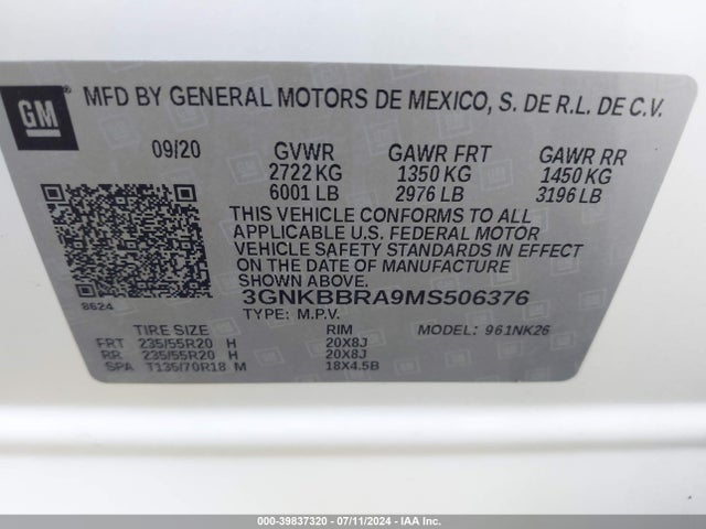 3GNKBBRA9MS506376 Chevrolet Blazer Fwd 1lt