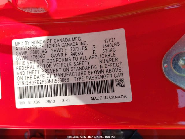 2HGFE2F53NH556866 Honda Civic Sport