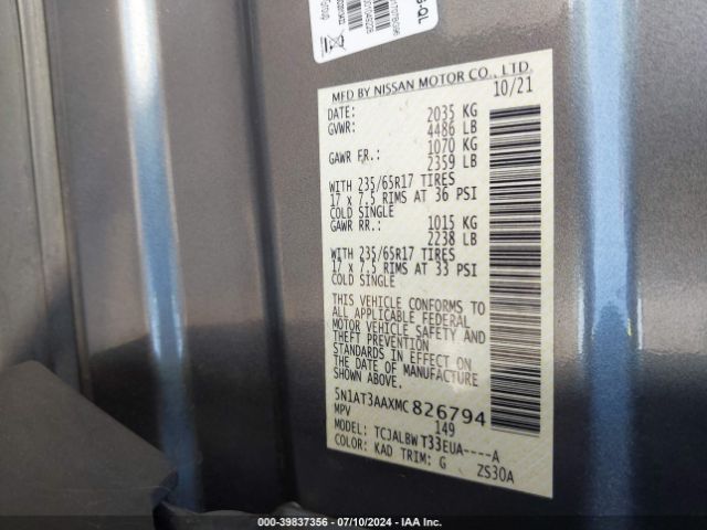 5N1AT3AAXMC826794 Nissan Rogue S Fwd