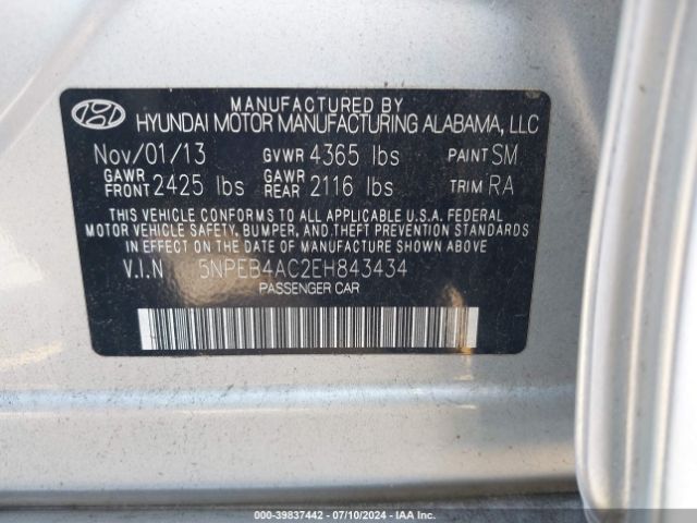 5NPEB4AC2EH843434 Hyundai SONATA GLS