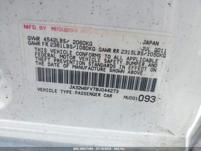 2011 MITSUBISHI LANCER EVOLUTION JA32W8FV7BU044273 Photo 8
