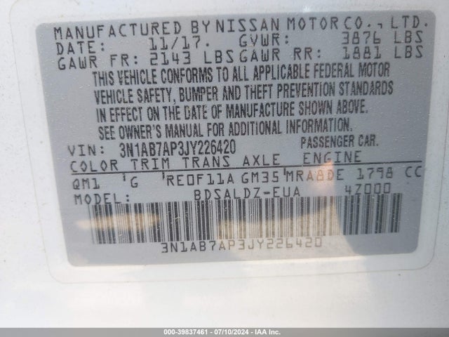 Nissan SENTRA SV 2018 3N1AB7AP3JY226420 Image 9