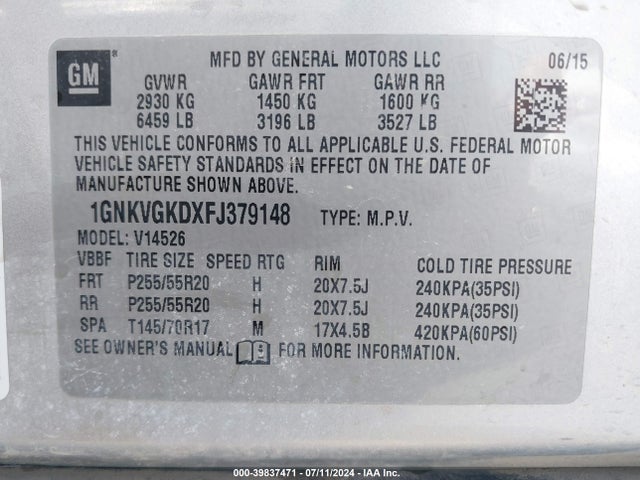 Chevrolet Traverse 1lt 2015 1GNKVGKDXFJ379148 Image 9