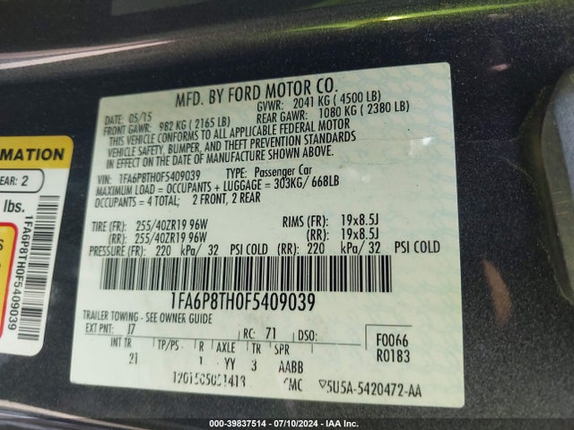 Ford Mustang Ecoboost 2015 1FA6P8TH0F5409039 Image 9